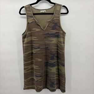 Z Supply Womens Camo Tank Dress‎ Green Brown V-Neck Raw Edge French Terry Small
